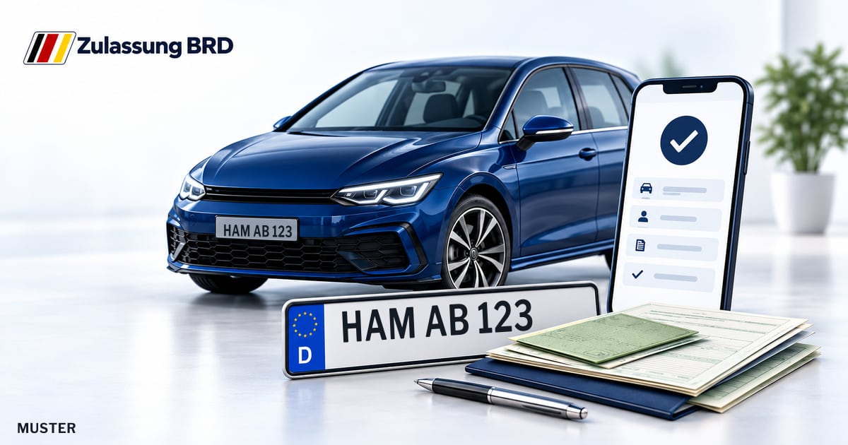 Online Fahrzeugzulassung in Hamm: Musterkennzeichen HAM AB 123, Auto und Fahrzeugpapiere und Smartphone. Illustration mit Logo von Zulassung BRD.